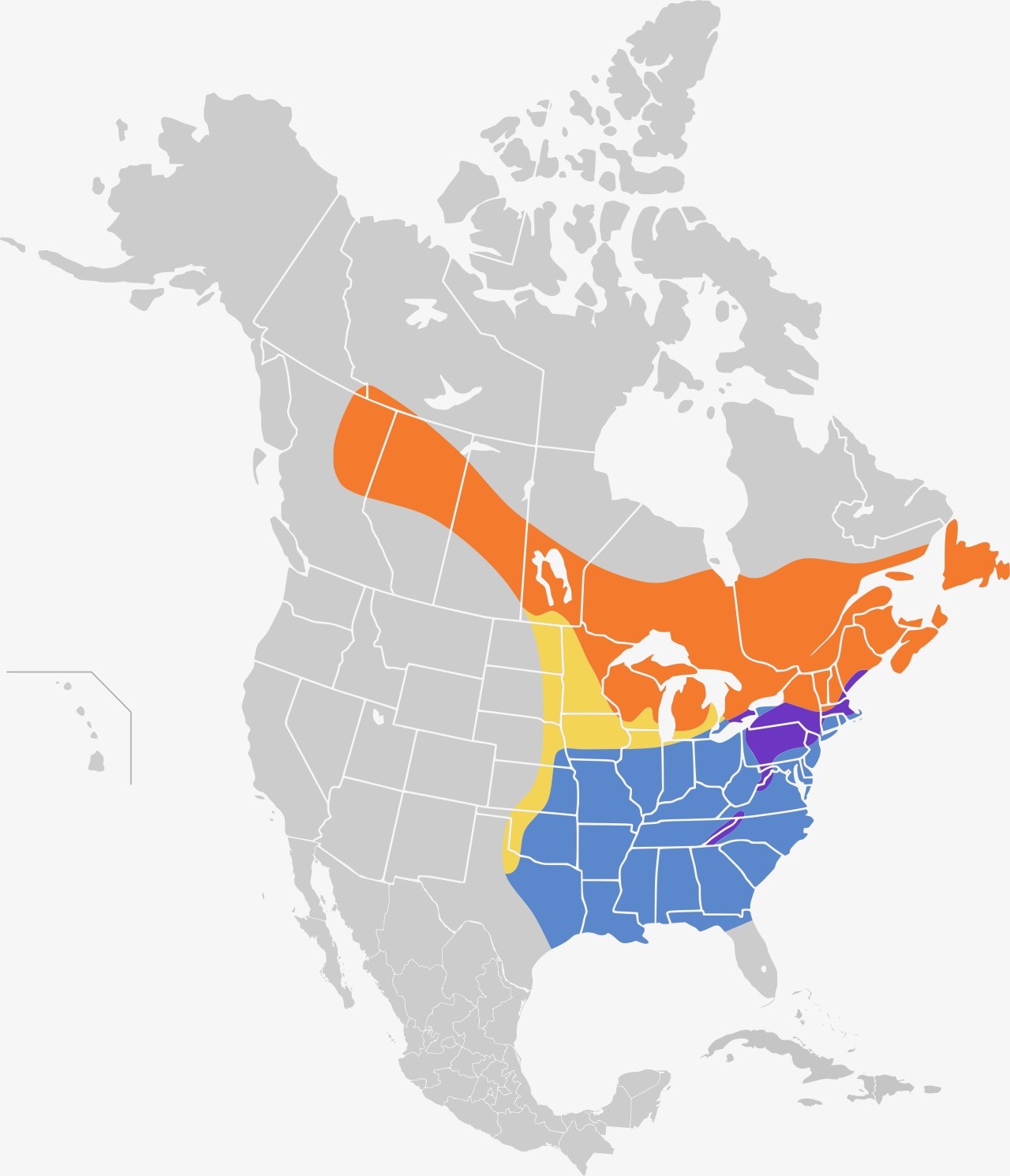 Geographical distribution of Winter wren.   Breeding  Migration  Year-round  Nonbreeding by Cephus is licensed under CC BY-SA 4.0.